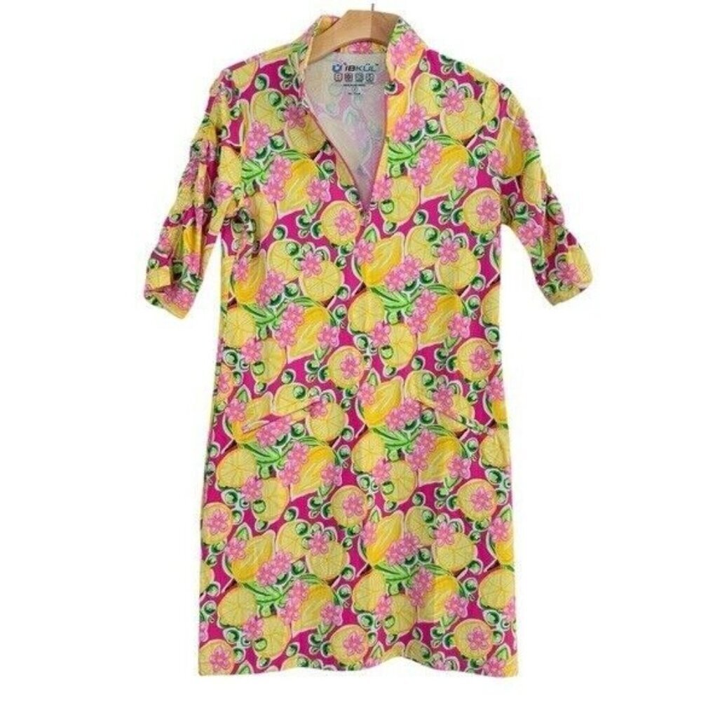 IBKUL Ruched Elbow Length Shift Dress Calista Hot Pink Golf Athletic Size S NEW - Picture 2 of 7